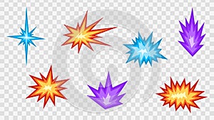 Boom. Comic book explosion set. Burst. Cartoon style. Blast. Bomb effect. Vector illustration