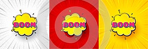 Boom comic cartoon bubble banner. Discount sticker shape. Flash offer banner. Vector
