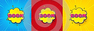 Boom comic cartoon bubble banner. Discount sticker shape. Sunburst offer banner, flyer or poster. Vector