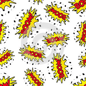 Boom comic sound effects seamless pattern background.