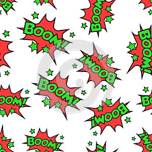 Boom comic sound effects seamless pattern background.