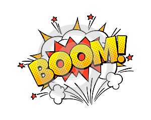 Boom comic word. Color art bubble shape with bomb explosion effect cartoon vector speech sticker