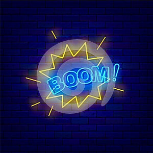 Boom concept. Wow design. Comic speech bubble neon sign. Pop art burst design. Glowing poster. Vector illustration