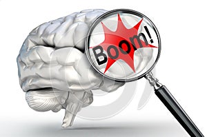 Boom explosion word on magnifying glass and human brain