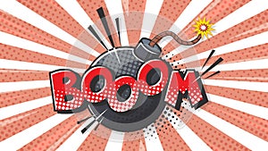 Boom expression text. Bomb bubble in pop art style. Comic vector illustration of a bright and dynamic cartoonish