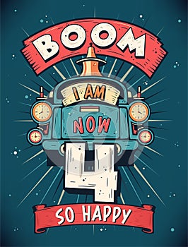 Boom I Am Now 4, So Happy - 4th birthday Gift T-Shirt Design Vector. Retro Vintage 4 Years Birthday Celebration Poster Design