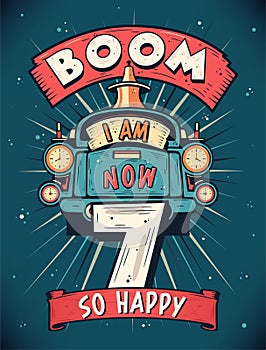 Boom I Am Now 7, So Happy - 7th birthday Gift T-Shirt Design Vector. Retro Vintage 7 Years Birthday Celebration Poster Design