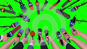 Boom pole microphones and hands with microphones on green, 3D animation