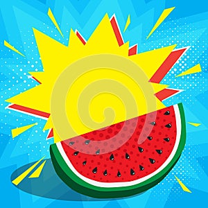 Boom pop art explosion speech bubble and juicy red watermelon in foreground. Mockup for comic book and manga