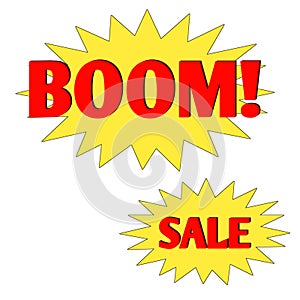 Boom sale web icon 3d. An isolated label, sticker graphic in golden star brust in red letters. Business finance promotion brand