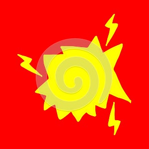 Boom speech bubble on red background. yellow speech bubble with thunderbolt. blank space for text, hand drawn vector. comic book s