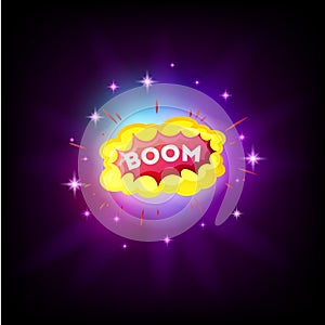 Boom white comic text speech bubble explosion in space. Colored pop art style sound effect. Halftone vector illustration