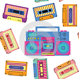 Boombox 90s style pattern. Cassette player. Retro cassette recorder. Music player. 1990s trendy illustration.