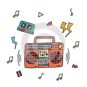 Boombox and audio tape doodle isolated. 90s music nostalgia. Vector colored doodle illustration of retro recorder from 1990s and