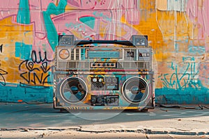 Boombox in front of colorful graffiti wall