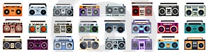 Boombox icons set cartoon vector. Music player cassette photo