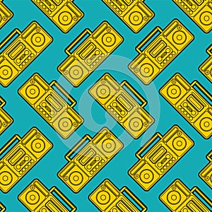 Boombox pattern seamless. Retro recorder ornament. Cassette tape background