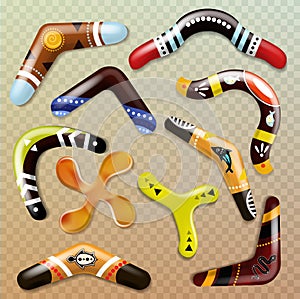 Boomerang vector aboriginal throwing weapon and australian souvenir sport toy in australia illustration set of
