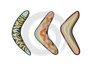 Boomerangs icons Aboriginal wooden set isolated on white background. Australian boomerang wiht color pattern. Cartoon