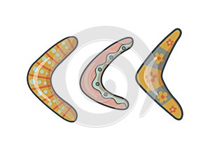 Boomerangs icons Aboriginal wooden set isolated on white background. Australian boomerang wiht color pattern. Cartoon