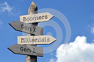 Boomers, Gen X, Millenials, Gen Z - wooden signpost with four arrows