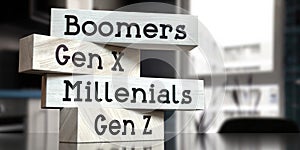 Boomers, Gen x, Millenials, Gen Z - words on wooden blocks