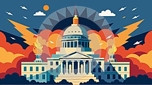 The booming explosions beautifully complement the grandeur and power of the Capitol Building.. Vector illustration.