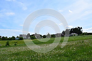 Boos, Germany - 05 17 2022: village with blooming grassland at the hillside