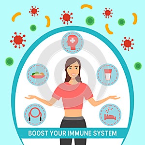 Boost your immune system concept  illustration. Healthy woman reflect bacteria and virus attack. Medical prevention human bo