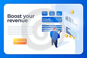 Boost your revenue isometric website header design template.Get started month plan button template