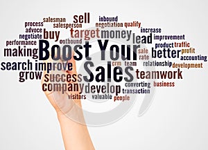 Boost Your Sales word cloud and hand with marker concept