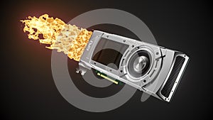 Boosted graphic card with fire flame. 3d