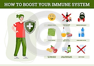 Boosting immune system with man reflecting a virus attack, vector illustration.
