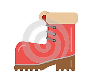 Boot red with brown sole with warm fur. Vector element isolated on light background.