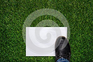 Boot standig on white sheet of paper on the grass