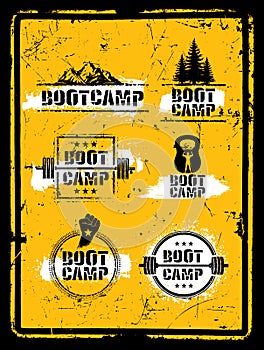 Bootcamp Fitness Workout Sport Creative Strong Sign Set. Vector Rough Typography Grunge Design Elements