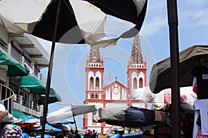 Booth bevor the cathedrale on the central market of Lome in Togo