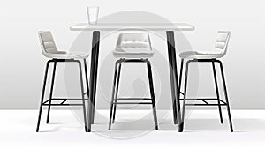Booth high table and three chairs made of white plastic top and black legs. Cafe or exhibition display bar counter with