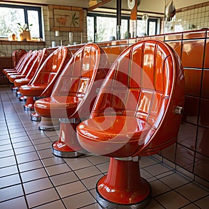 The booth seats in the restaurant are orange, in a Berndnaut Smilde style