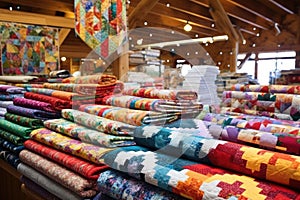 a booth selling hand-sewn quilts at a craft fair
