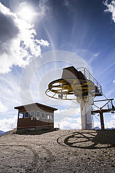 Booth on top of cableway in Alps mountains, Livigno Italy