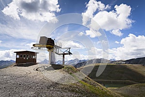 Booth on top of cableway in Alps mountains, Livigno Italy