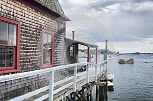 Boothbay Harbor Maine historic bridgehouse and bay