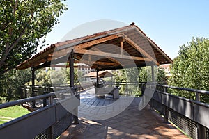 Booths on a pedestrian bridge in Alcañiz