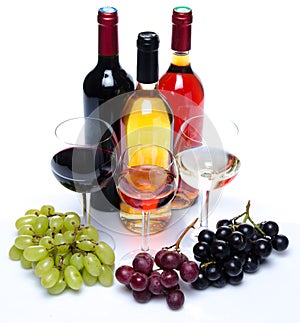 Bootles and glasses of wine with black, red and white grapes