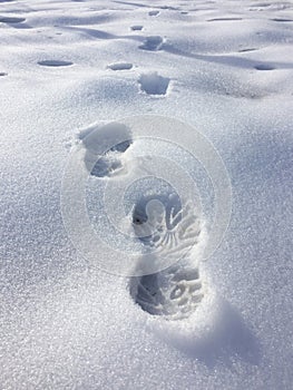 Bootprints in the crystallized snow close up