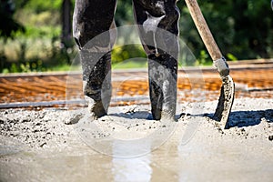Boots of a Construction Worker Standing in Fresh Concrete