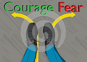 Boots on Courage and fear text with arrows.