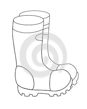 Boots. Garden rubber boots with non-slip soles - a linear vector illustration for coloring. Outline. Shoes for gardening or fishin