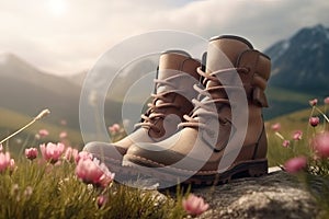 boots on the grass. Mountains in background